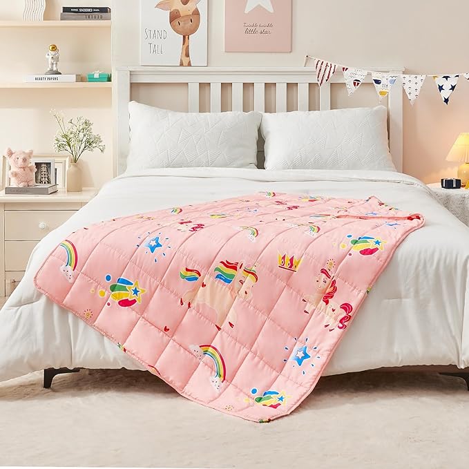 yescool Unicorn Weighted Blanket 5 Pounds Cooling Weighted Lap Blanket, Pink Rainbow Heavy Blankets, Breathable Weighted Throw Blanket Gifts for 40-60lbs, 36"x48"
