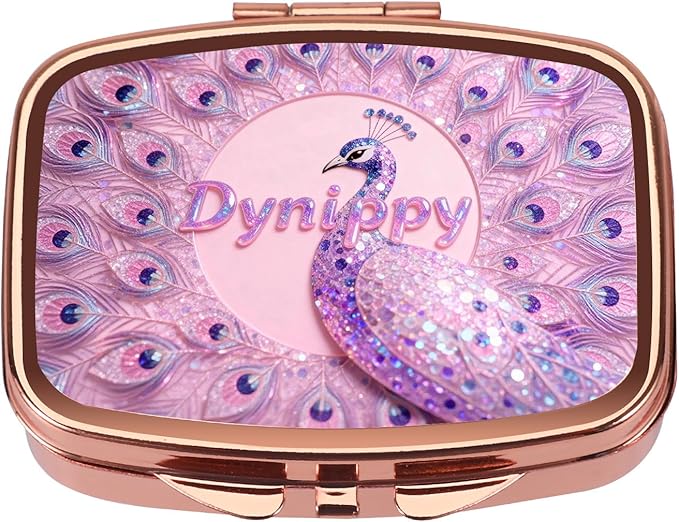 Dynippy Pill Case Pill Box with Mirror Retro Pocket 2 Compartment Medicine Case Vitamin Pill Organizer for Pocket Purse and Travel - Rose Gold-Peacock