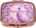 Dynippy Pill Case Pill Box with Mirror Retro Pocket 2 Compartment Medicine Case Vitamin Pill Organizer for Pocket Purse and Travel - Rose Gold-Peacock