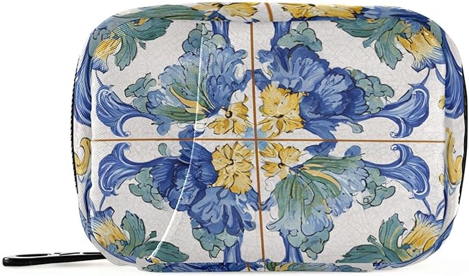 Vintage Floral Blue and Yellow Tile Travel Pill Organizer Case Box Container Weekly Portable Vitamin Medicine Holder Storage Bag with Zipper Removable
