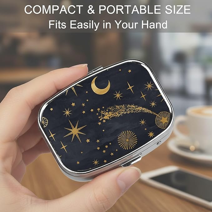 Square Pill Case Small Pill Box with Mirror Pocket 2 Compartment Vitamin Pill Medicine Case Organizer Pill Containers for Traveling Moon and Stars