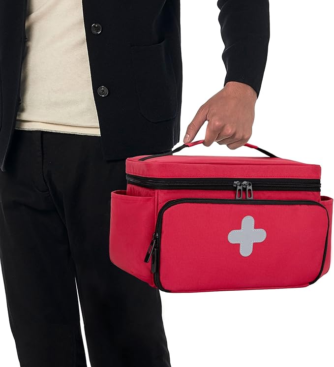 CURMIO Small Medicine Storage Bag Empty, Family First Aid Box, Pill Bottle Organizer for Emergency Medical Supplies, Red (Bag Only, Patent Pending)