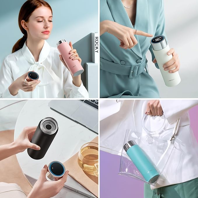Vsitoo Smart self cleaning Insulated Water Bottle, 15oz Stainless Steel Vacuum Flask, AI Self-Clean, 30-Day Battery Life, BPA-Free, Magnetic Charging, Portable Travel Mug Gifts for Men Women, White