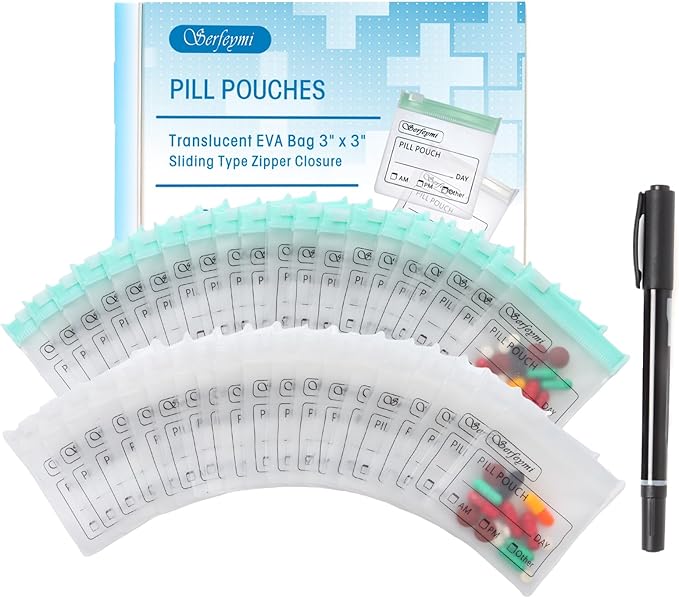 Serfeymi 72 Pcs Pill Pouch Bags for Travel Reusable Plastic Bags 3"x3" 12 mil (Double Sided) Translucent Zipper Pill Pouches for Medicine with Slide Lock & Writable Label, 1x Marker-Green+White