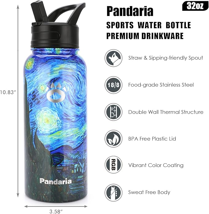Insulated Water Bottle 32oz, Stainless Steel Water Bottle with Straw & Spout Lids & Paracord Handle | with Straw, Spout Lids, Paracord Handle