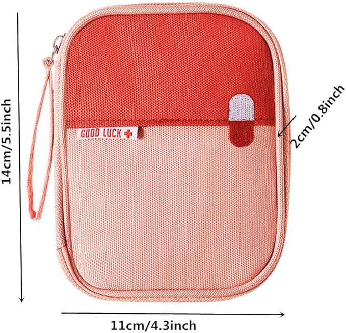 First Aid Kit Bag Empty Travel Medication Pouch Mini Zippered Oxford Medical Survival Kit Carrier Handy Medicine Pills Drugs Package Organizer with 3 Pocket+1 Main Holder-5.5x4.3x0.8Inch(Pink-S)