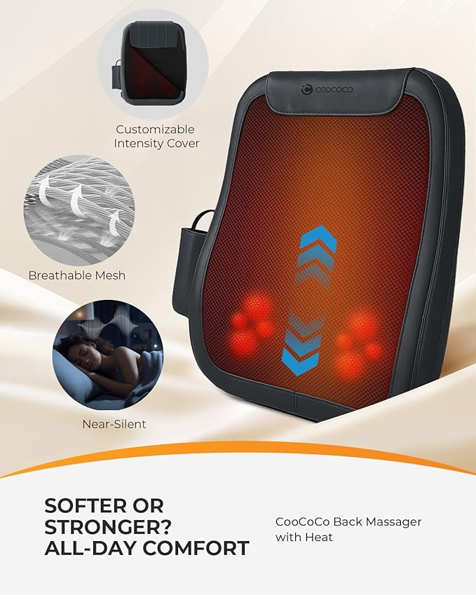 CooCoCo Shiatsu Back Massager for Pain Relief Deep Tissue, FSA Eligible, HSA Lower Back Massager with Heat, 4D Rolling Up and Down Back Massage, 2X Larger Heating Area and Faster Heating(Corded)