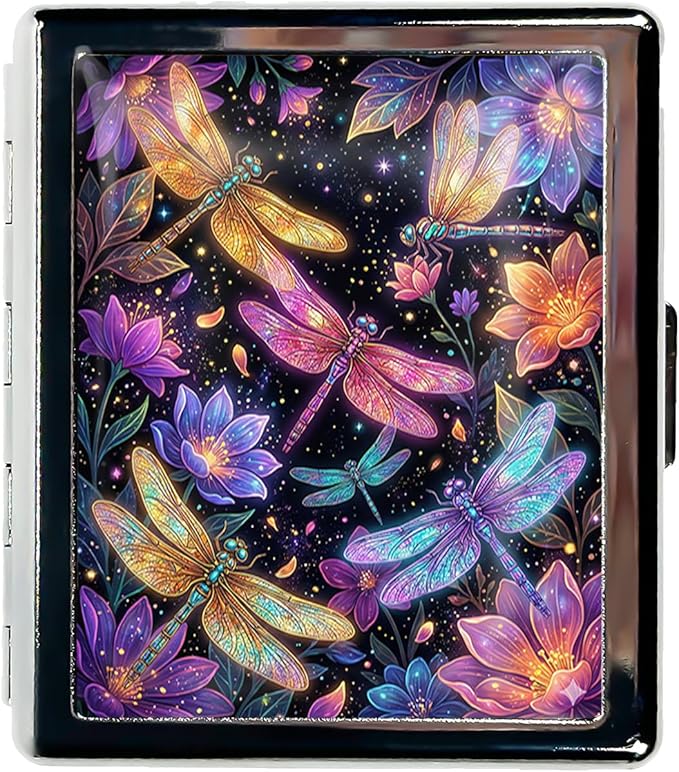 Metal 7 Day Pill Organizer, Cute Small Weekly Pill Case with 8 Compartments for Travel, Moisture-Proof Medicine Holder for Purse, Compact Daily Vitamin Box (Glow Dragonflies)