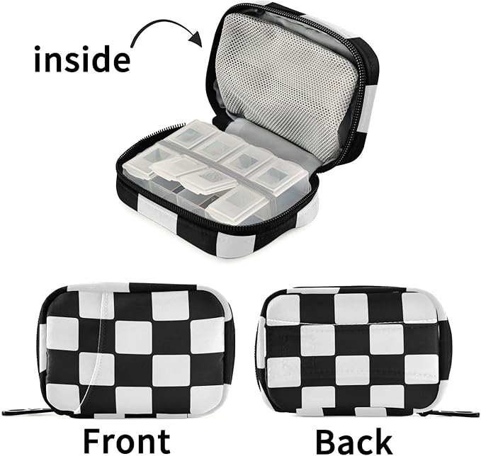 Pill Organizer Box Case Weekly Travel Pill Container Cute Pill Holder 7Day Vitamin Organizer Pill Dispenser Sorter Planner Storage Small Compact Checkerboard White and Black05