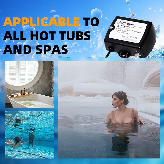 SPA-124 Spa-Ozonator Kit, 100mg/h Efficient Output Ozone Machine, Mini Portable Ozone-Generator with Check Valve&PVC Hose for Cold Plunge and Hot Tub, Black