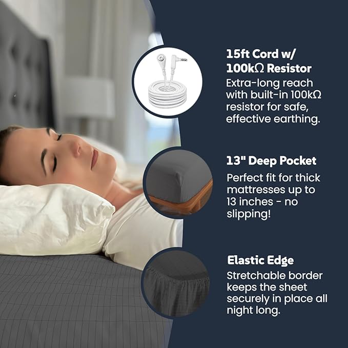 OKOHEY Grounding Fitted Sheets with 15ft Earthing Cord, California King Size, 90% Organic Cotton + 10% Silver Fiber, Soft & Breathable Grounded Sheet for Better Sleep and Enhanced Wellness, Gray