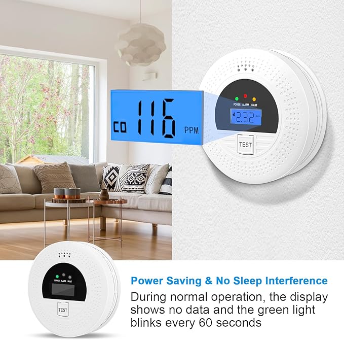 2-Pack, Smoke Alarm and Carbon Monoxide Detector, Carbon Monoxide and Smoke Detectors with LCD Display, Battery Powered, Easy to Install