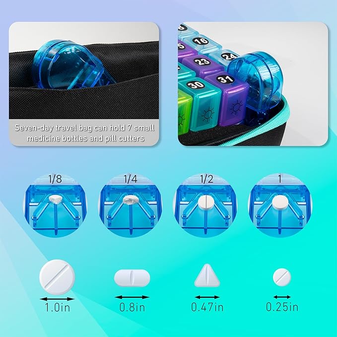 Monthly Pill Organizer, Medicine Organizer Box with Portable Hard Shell and Pill Cutter, 31 Day Pill Holder with Weekly Pill Bag (Green, 2 Times a Day)