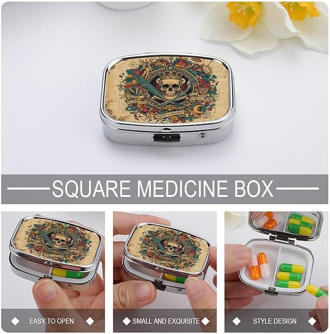 Metal 2 Compartment Pill Organizer Travel Friendly Portable Compact Pill Box Cute Pill Case,for Pocket Wallets Daily Portable Medicine Vitamin Tablet Storage (The Skeleton Wearing a Crown)
