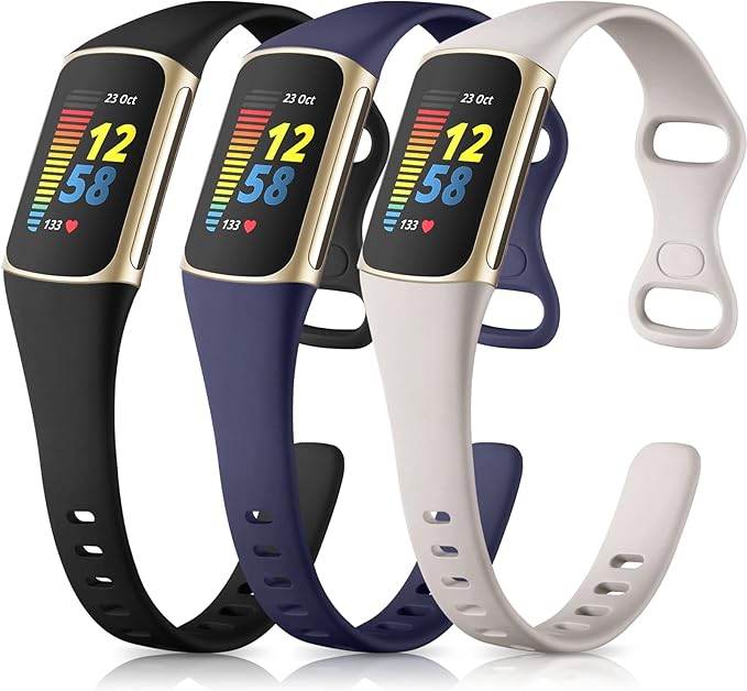 Maledan Compatible with Fitbit Charge 5 Bands for Women Men, Soft Silicone Breathable Sport Replacement Accessories Slim Strap for Fitbit Charge 6/Charge 5 Advanced Fitness Tracker, Black/Blue/Gray