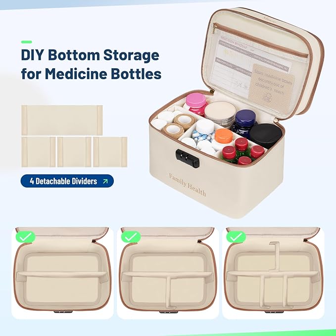 Mancro Lockable Medicine Bag, 2-Layer Pill Bottle Organizer Storage with Adjustable Dividers, Medication Travel Case for Pills, Vitamins & Supplements, Medicine Organizer for Dorm, Home Use and Trips
