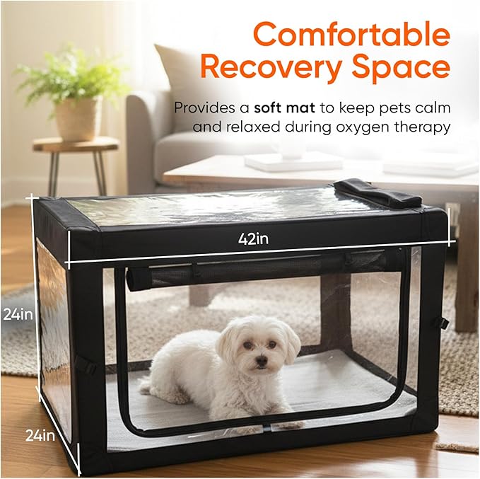 Oxygen Therapy Cage for Pets – Veterinary Oxygen & Nebulizer Chamber for Dogs, Cats, Puppies, Sheep – Portable Oxygen Concentrator with Tubing Kit, Soft Mat, Venturi Adapters, Nebulizer, T-Fitting
