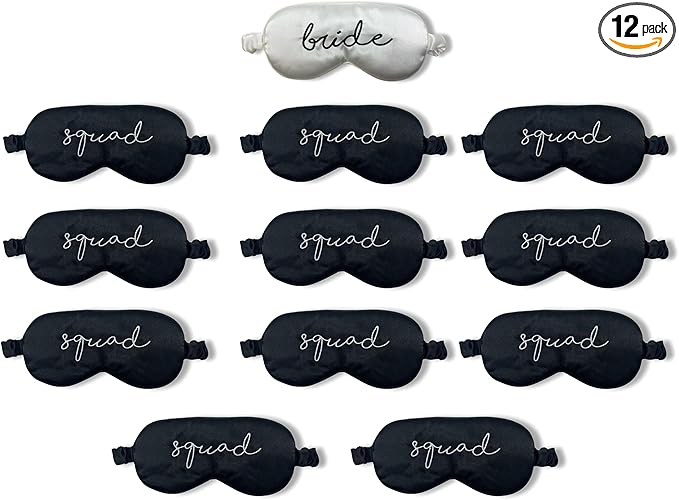 12 Pack: Satin Sleep Mask - 1 Bride (White) & 11 Squad (Black)