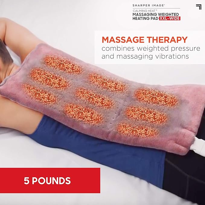 Calming Heat XXL Wide Massaging Vibrations Weighted Heating Pad by Sharper Image | Auto Shut-Off Feature, Gift for Holidays, Women & Men | 3 Heat, 9 Massage, 20” x 24”, 5 lbs