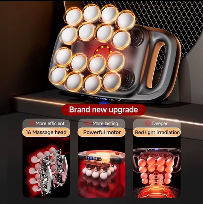 Massage Gun with 16 Heads, 30 Speeds, Red Light Therapy, Cordless Deep Tissue, Black, 12V 1800mAh Battery, 25mm Amplitude