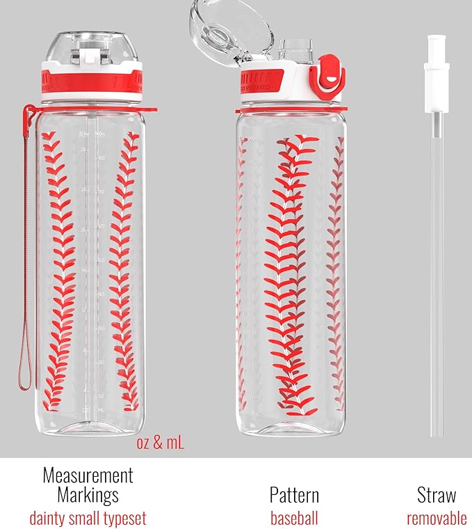32oz/1L Sport Water Bottle, Light Tritan, Quick-Open Chug Lid/Straw 2-in-1, Leak-Proof, Dishwasher-Safe, BPA-Free, Drop-Resist & Scratch-Resist for Travel/Gym/Office/Fan Gift (Baseball)