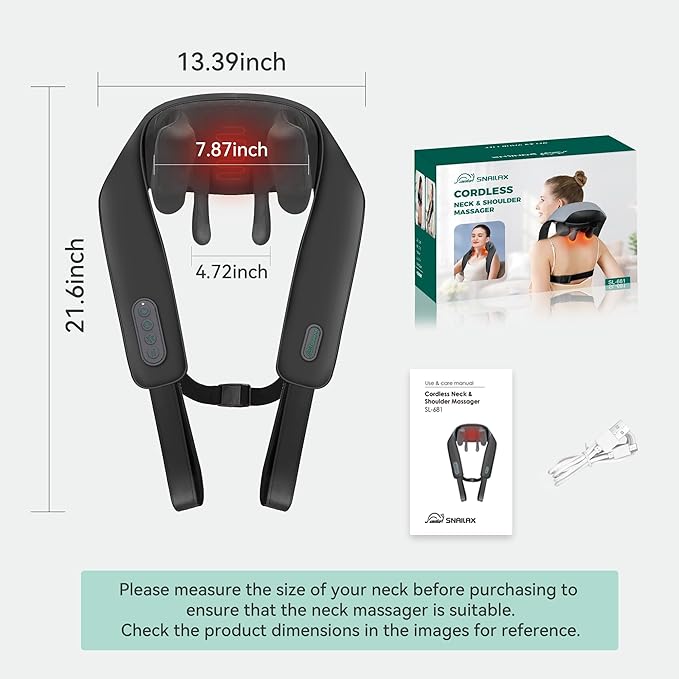 Snailax Cordless Neck Massager with Heat for Pain Relief Deep Tissue, 4D Kneading, Mothers Day Gifts, Rechargeable Shiatsu Back Neck Massager for Neck, Shoulders Back