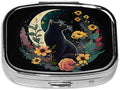 ABLESKY Pill Box, 2 Compartment Pill Organizer Case for Pocket or Purse, Small Portable Metal Travel Medicine Box with Mirror, Daily Vitamins Fish Oil Container-Dark Night Moon Flower Cat