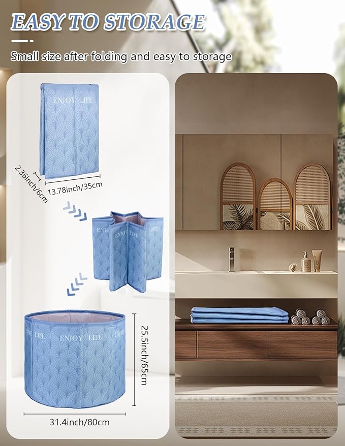 Portable Bathtub for Adults, Collapsible Freestanding Bathtub for Shower, Hot Ice Bath Tubs with Thickened Thermal Foam to Keep Temperature, PVC Outdoor Soaking Tub (Blue)