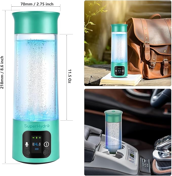 Hydrogen Water Bottle Generator - Up to 6000+ PPB Concentration - SPE/PEM Technology - Voice Reminder - Water Ionizer Machine Suitable for Travel, Daily and Office Drinking - 12oz (Green)