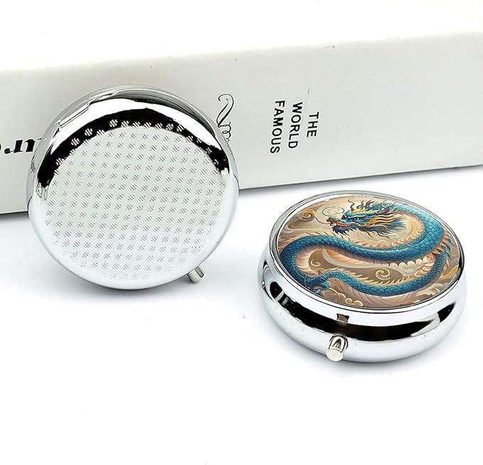 Dragon Pill Box Travel Pill Case for Purse Pocket Weekly Medicine Organizer with Mirror 3 Compartment Round Medicine Case Portable PillcaseHolder for Daily