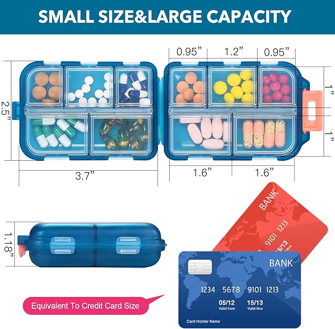 Travel Pill Organizer with Medicine Labels, 10 Compartments Travel Pill Box Medicine Organizer Purse Pill Case Daily Pill Container (Green, 189 Lables)