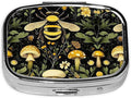 ABLESKY Pill Box, 2 Compartment Pill Organizer Case for Pocket or Purse, Small Portable Metal Travel Medicine Box with Mirror, Daily Vitamins Fish Oil Container-Bee Retro Beautiful Mushroom