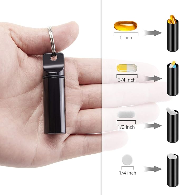 2 Pack Small Pocket Pill Box Keychain, Portable Mini Aluminium Alloy Pill Organizer Case Container for Purse, Waterproof Metal Pill Holder Medicine Bottle for Outdoor Camping Travel (Black & White)