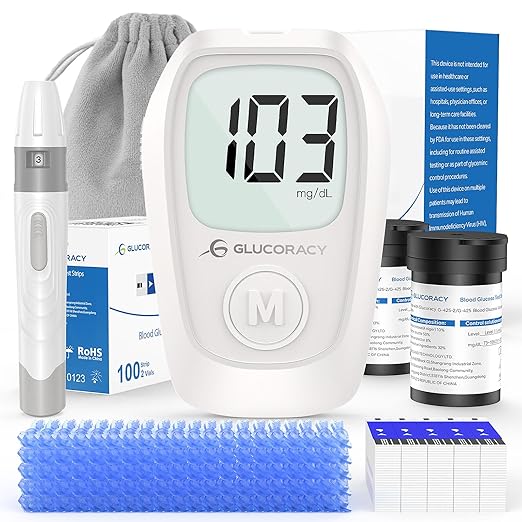 Glucoracy G-425 Glucose Monitor Kit, Blood Sugar Monitor with Glucose Meter, Lancing Device, 100 Test Strips and 100 Lancets, Blood sugar testing kit for Home Use, Diabetes Home Testing Kit