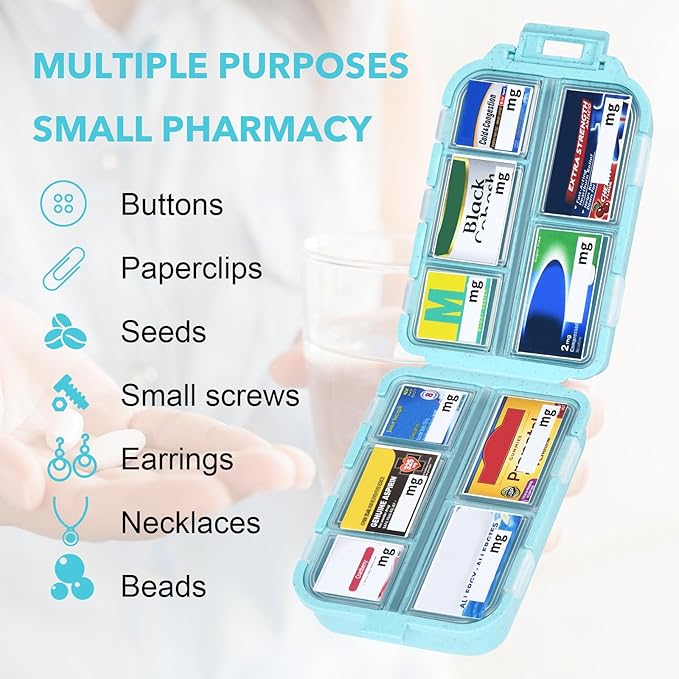 Large Travel Pill Organizer with Medicine Labels, Travel Pill Box Medicine Organizer Daily Pill Container 10 Compartments Pill Case (Blue, 189 Lables)