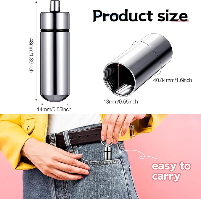 Patelai 12 Pcs Portable Keychain Pill Holder Mini Pocket Pill Case for Men Women Aluminum Geocache Containers Waterproof Metal Medicine Bottle Organizer for Outdoor Camping Travel(Black and Silver)
