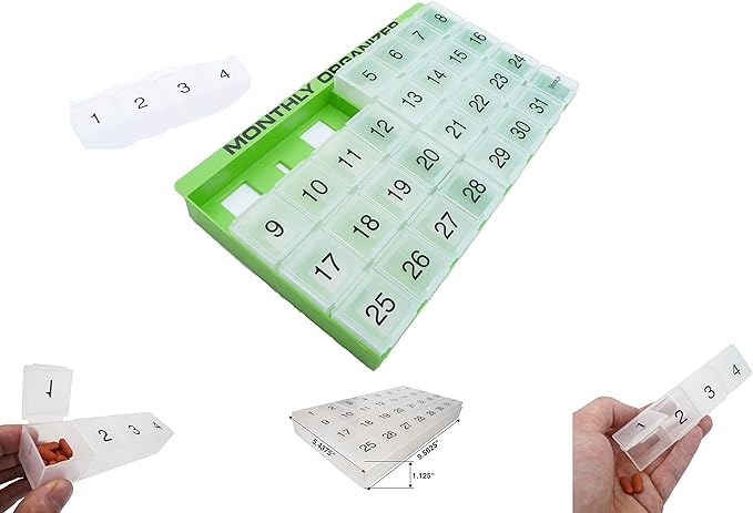31 compartments, 1 per Day, 4 Week Monthly Pill Organizer by Promed. Includes Tray and 8 Removable compartments. (Green)