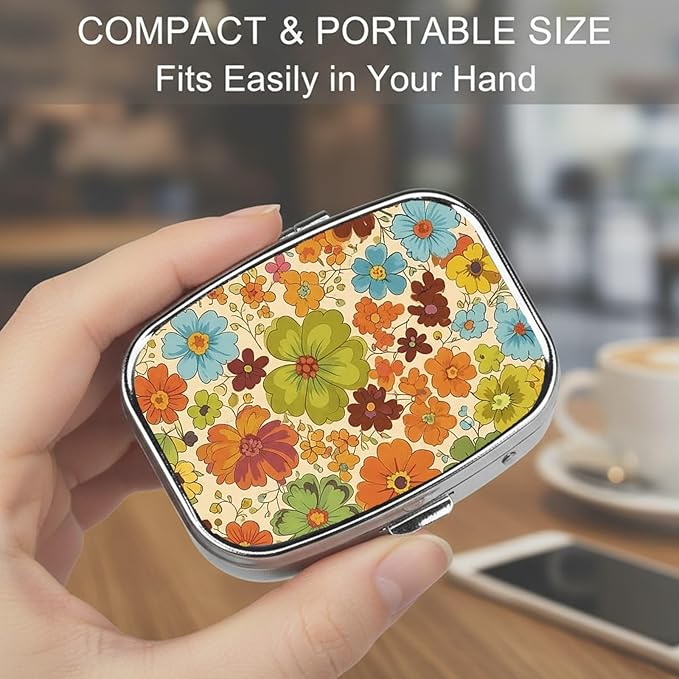 Square Pill Case Small Pill Box with Mirror Pocket 2 Compartment Vitamin Pill Medicine Case Organizer Pill Containers for Traveling Vintage Flower Petals One