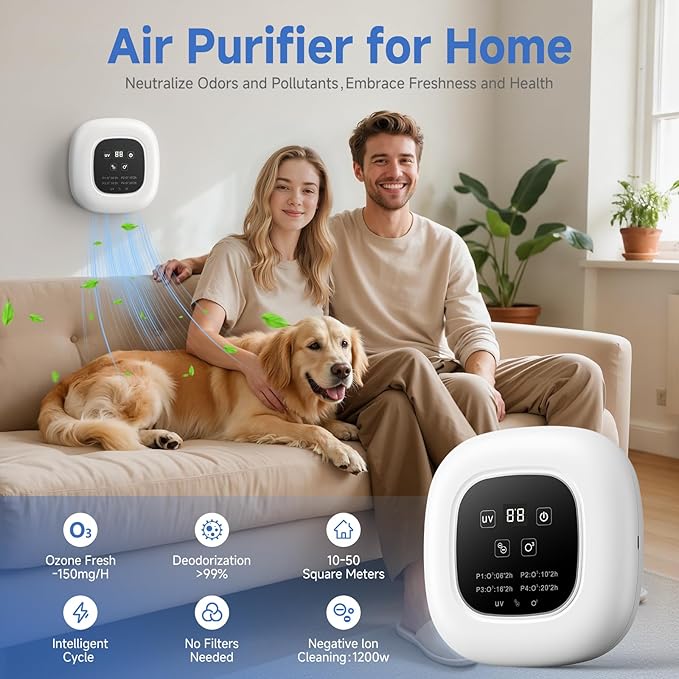 Air Purifier Ozone & Negative Ion 99% Odor Eliminator for Pet,Cat Litter Deodorizer,Dog Poop Odor Removal | Plug-In Air Ionizer Ozone Generator Air Purifier for Home, Pets, Cars,Bedroom-White
