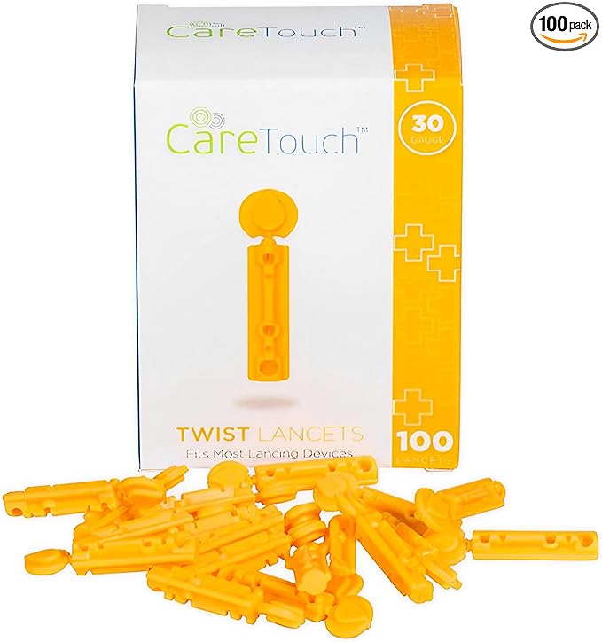 Care Touch Pack of 100, Twist Top Lancets 30 Gauge - Single Use Blood Sugar Lancets with Smooth Tri-Beveled Tip for Diabetes Testing - Disposable Glucose Lancet for Daily Blood Sugar Monitoring