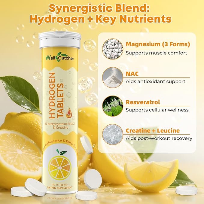 Hydrogen Tablets for Drinking Water: Molecular Hydrogen Tabs 12.4PPM with Magnesium NAC Creatine Supports Antioxidants Cellular Health Recovery Cognitive Function Vegan Organic Lemon Flavor