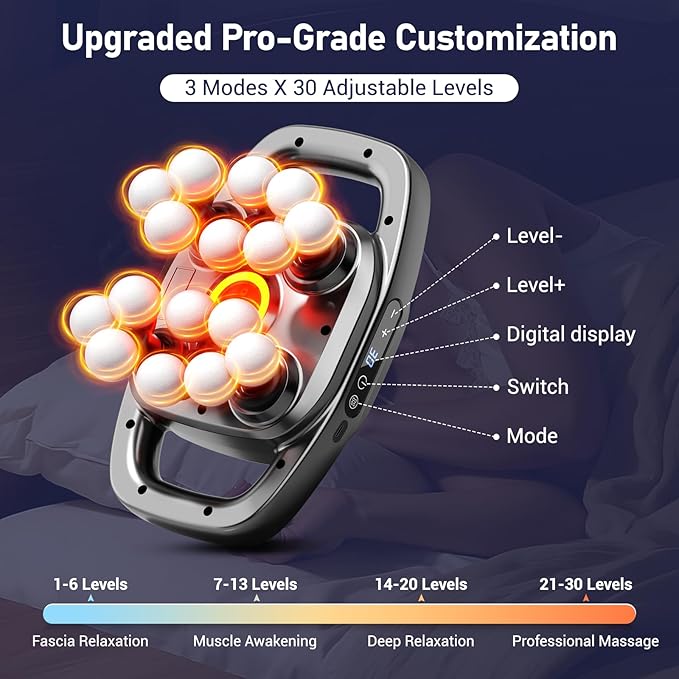 16 Head Massage Gun, Deep Tissue Percussion Back Massager with 3 Modes & 30 Intensities, Quiet Muscle Massage Pain Relief, Portable Percussion Massage Gun for Back, Neck, Shoulders, Legs, Waist, Body