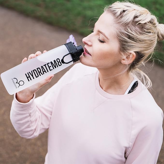 HYDRATEM8 - Active Motivational Sports Water Bottle with Time Markings, BPA Free, Drinks Bottle, 32oz - Frosted