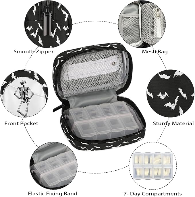 Skull Bat Animal Pill Case Travel Pill Organizer Weekly 7 Day Portable with Zipper Medicine Box Pill Case for Vitamins, Birth Control,Fish Oils,Medication, Supplements