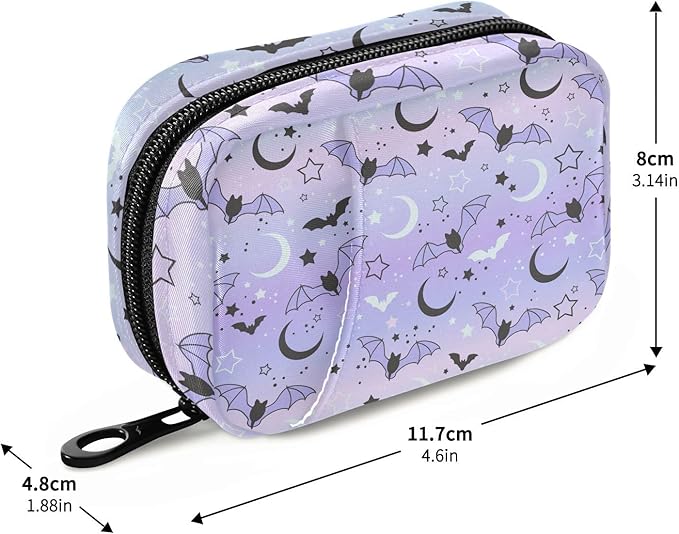 Pill Box Purple Bat Moon 7 Day Pill Case Travel Pill Organizer Bag with Zipper Portable Weekly Vitamin Medicine Supplement Holder Pouch Bag