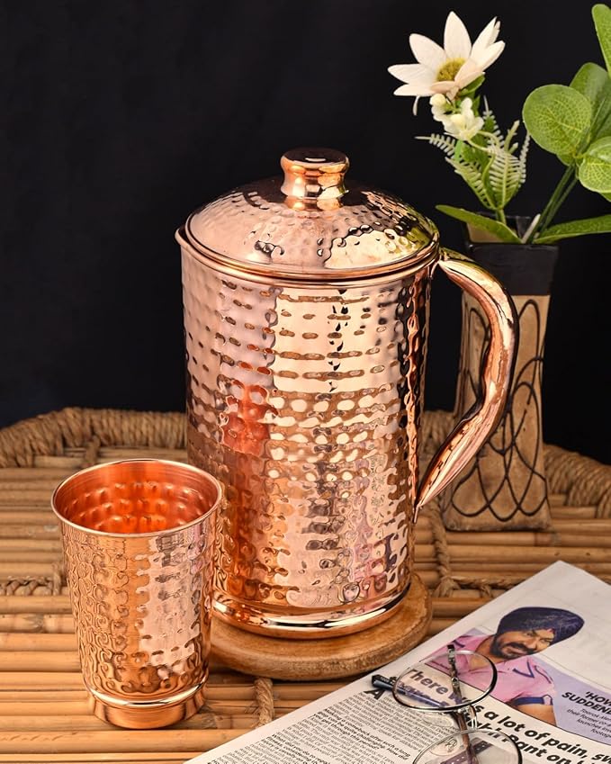 100% Pure Copper Pitcher 50.72 Oz / 1500 ml | Drinking Water Traditional Hammered Pitcher With Lid | Copper Jug Handle Water Bottle | Ayurveda Health Benefits | Serving Water in Daily Use