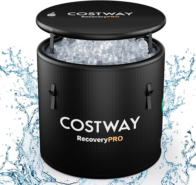 COSTWAY L 79 Gal Oval Ice Bath Tub with Cover, Portable Outdoor Inflatable Cold Plunge Tub with Backpack, Pump, for Cold Therapy, Compatible with Water Chillers, Black