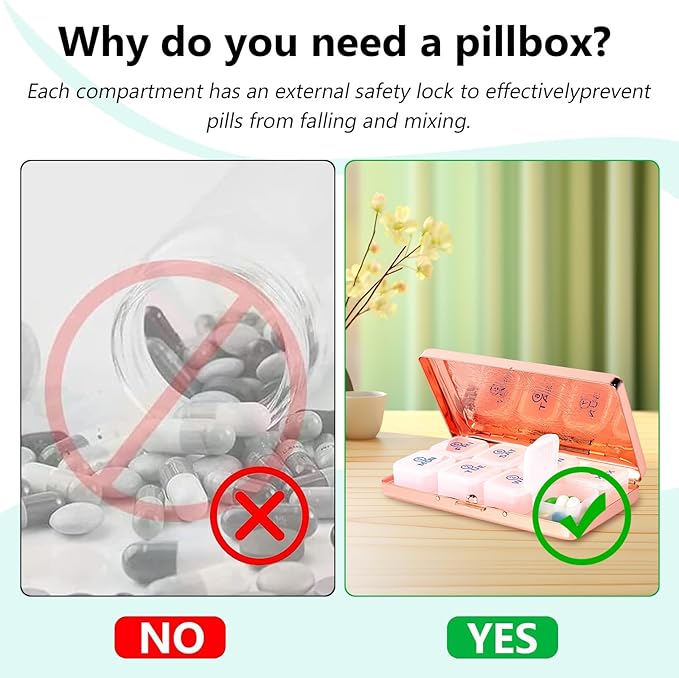 Pill Organizer 7 Days 8 Compartments, Travel Metal Pill Box, BPA-Free Portable Pill Box (Pattern Rose, Large)