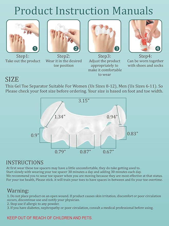 2Pairs Toe Spacers Silicone Gel Toe Separators Correct Women Men Bunion Toes, Soft Toe Spreaders, Hammer Toes Corrector, Big Toe Straightener for Plantar Fasciitis, Foot Relief(Clear)