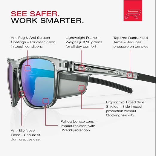 Riley Navigator X Safety Glasses – Anti-Fog, Scratch/Impact Resistant & UV Blocking, Lightweight Full-Frame for Work, Outdoors, & Active Lifestyles, Emerald Green Mirror/Gray